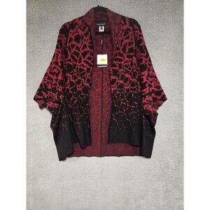 Ming Wang Open Front Duster Cardigan S/M Red Black‎ Abstract Knits Shoulder Pads